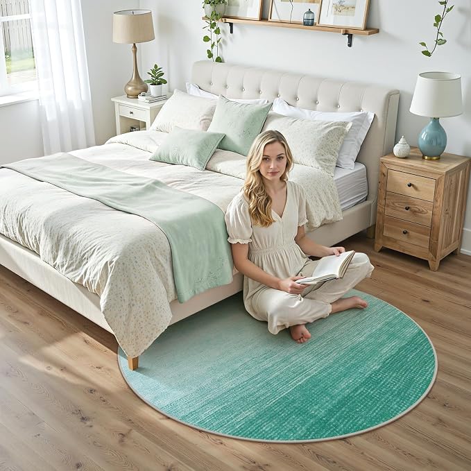 Wonnitar Modern Ombre Round Area Rugs, 5ft Washable Large Teal Circle Rugs - Image 3