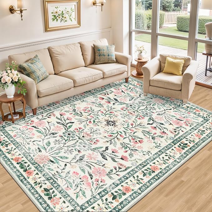 6x9 Area Rugs for Living Room: Floral Washable Rug Vintage Large Soft Boho - Image 2