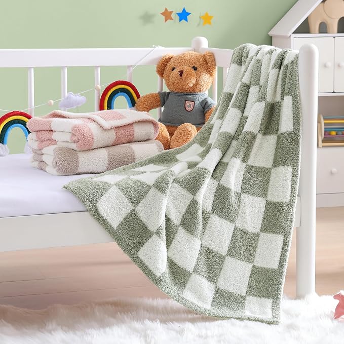 WRENSONGE Checkered Throw Blanket, Sage GreenSoft Cozy Fluffy Warm Hand Made - Image 2