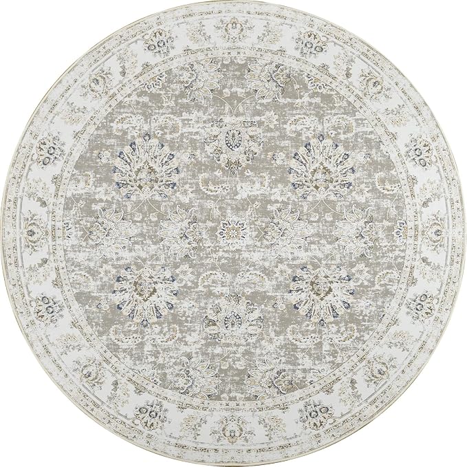 jinchan Round Rug 5ft Area Rugs Vintage Floral Distressed Design - Image 7