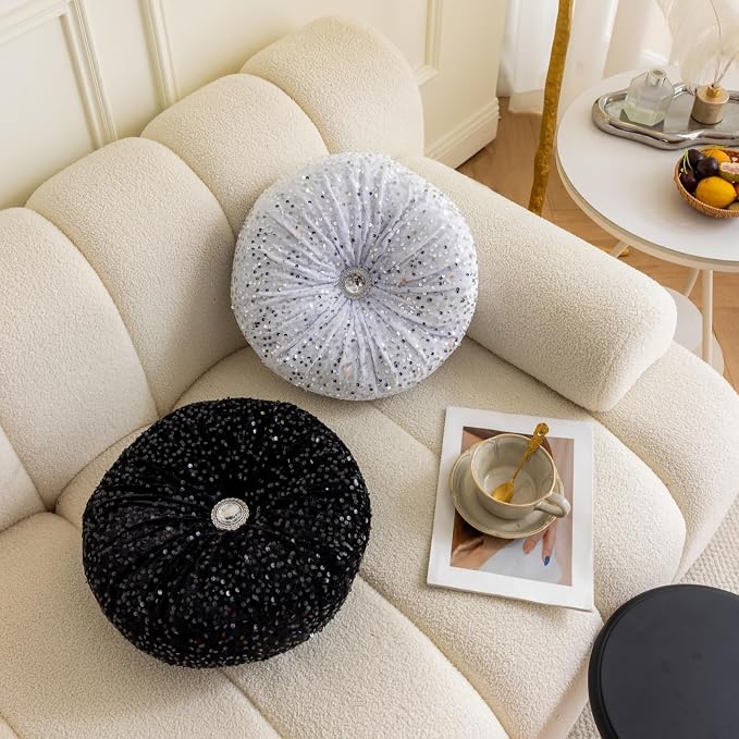 Round Throw Pillow, 13.7in Soft Solid Color Sequin Glitter Decorative Round - Image 3