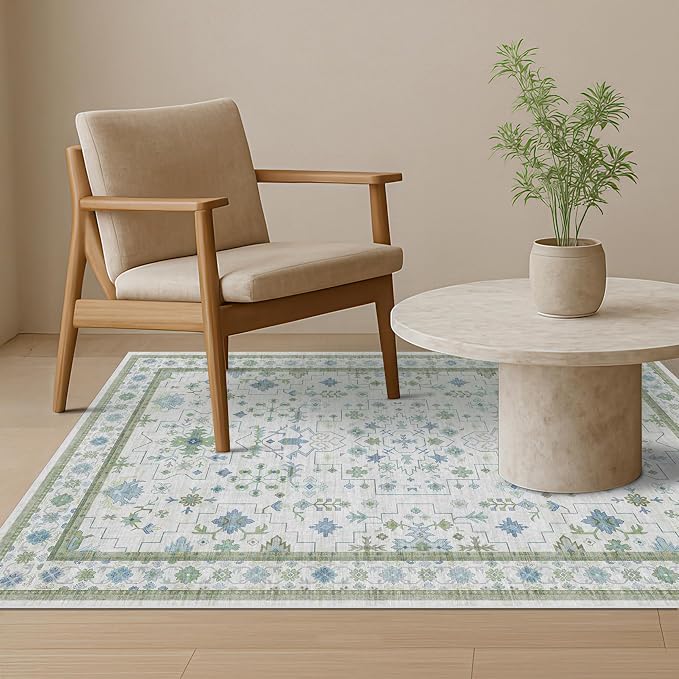 Blue and Green Washable Rugs for Living Room by HazoHaus