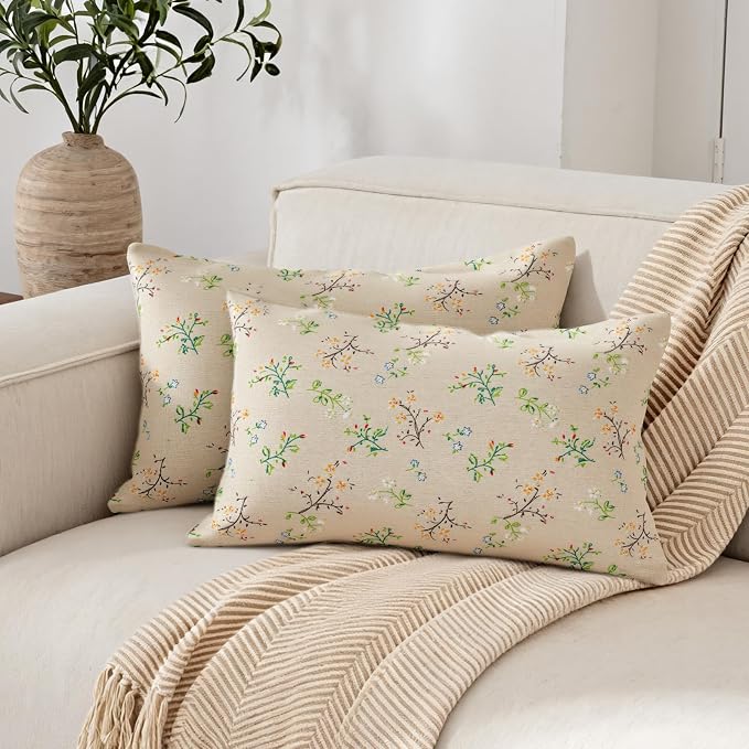 Spring Flower Lumbar Throw Pillow Cover 12x 20 Set of 2, Embroidered Branch by RinRinfam