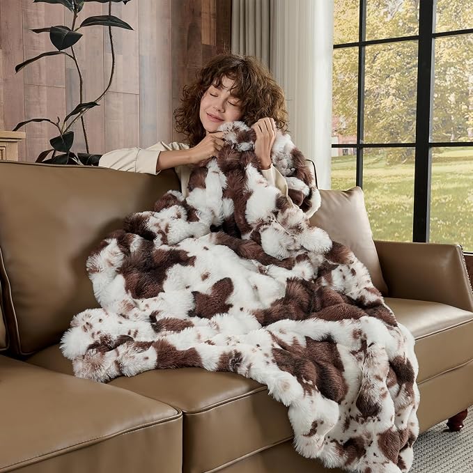 Lotus Karen Faux Fur Throw Blanket Cow Print-Dark Brown, Fluffy Fuzzy Plush - Image 4