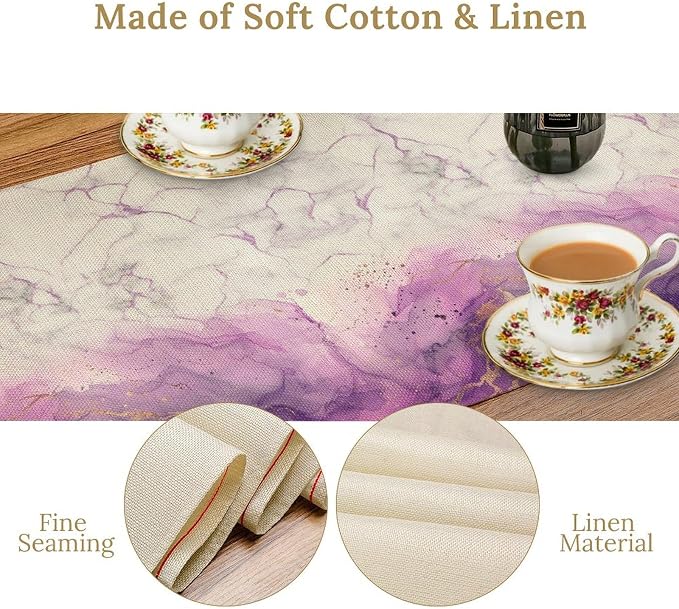 Abstract Marble Dining Table Runner, Modern Purple Golden Watercolor Table - Image 6