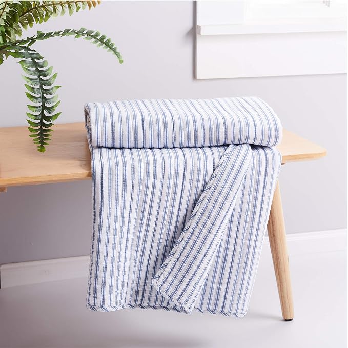 Levtex Home - Tobago Stripe Blue - Quilted Throw - 50x60in. - White - Image 2