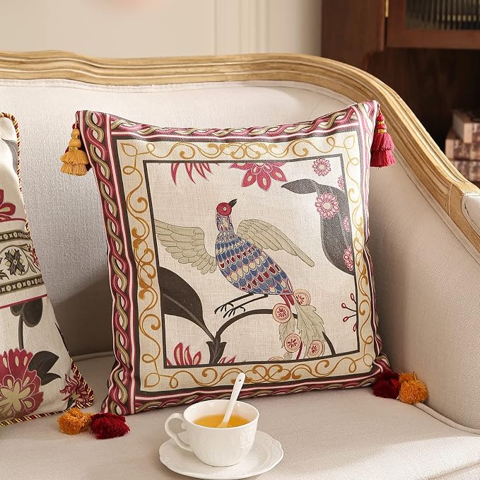 patdrea Designer Throw Pillow Cover 18"x18", Vintage Bird and Floral Pattern - Image 5
