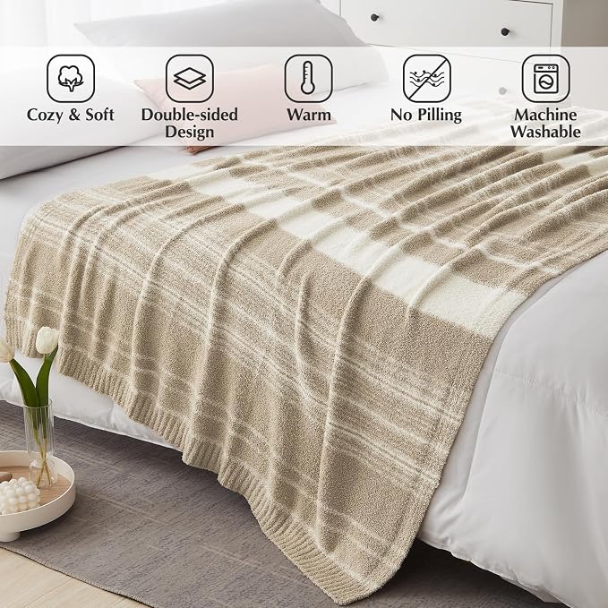 WRENGONGE Khaki Throw Blanket, 50x70 Soft Cozy Striped Throw Blankets - Image 2