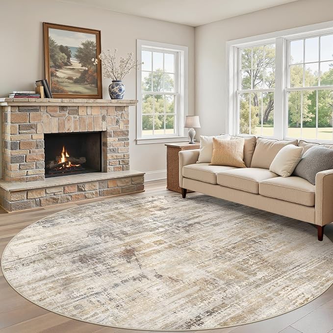 8ft Round Area Rug for Living Room: 8x8 Washable Neutral Abstract Modern Soft by UERMEI
