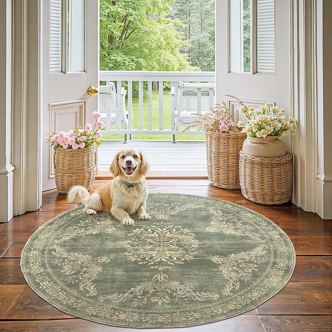 jinchan Round Rug 5ft Area Rugs Vintage Floral Distressed Design Machine by JINCHAN