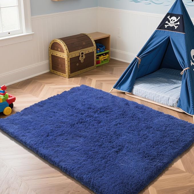 Blue Fluffy Rug Shaggy Area Rug, 4x6 Area Rugs - Image 2