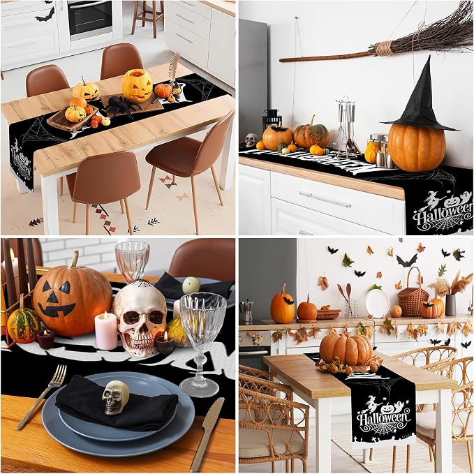 Happy Halloween Table Runner Black Spider Web Witch Pumpkin Kitchen Dining - Image 5