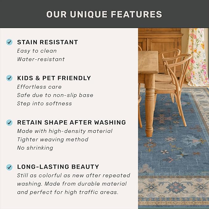5x8 Rug for Living Room, Boho Eclectic Area Rugs Blue Modern Low-Pile Carpet - Image 7