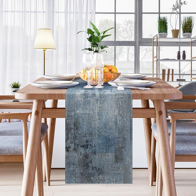 Emvency Farmhouse Style Table Runner, Abstract Art Painting Denim Blue Table - Image 4