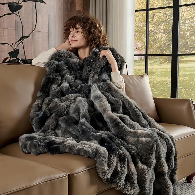 Lotus Karen Faux Fur Blanket Tie-Dye Dark Gray Twin Size - Image 5