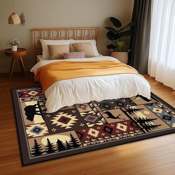 Rustic Rug for Living Room, Cabin Wildlife Area Rug 5x7, Buffalo Plaid Bear - Image 5