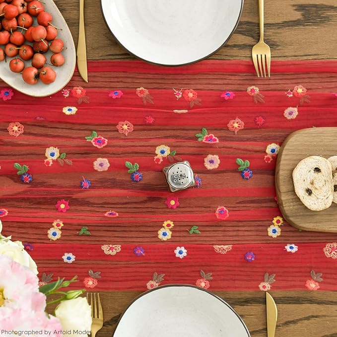 Artoid Mode 3PCS Red Embroidery Daisy Gauze Table Runner 120 Inch 10FT - Image 5