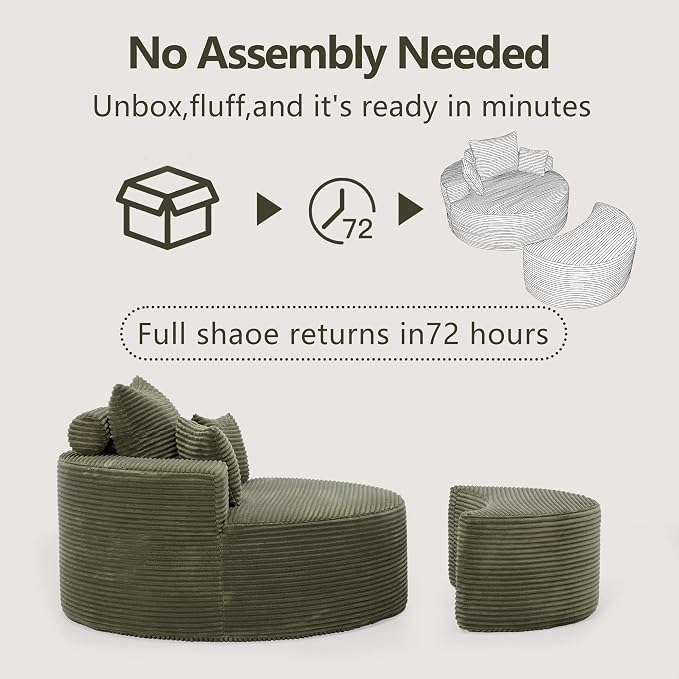 55.11" W Oversized Round Chaise Lounge Chair, Deep Seat Corduroy Cloud - Image 7