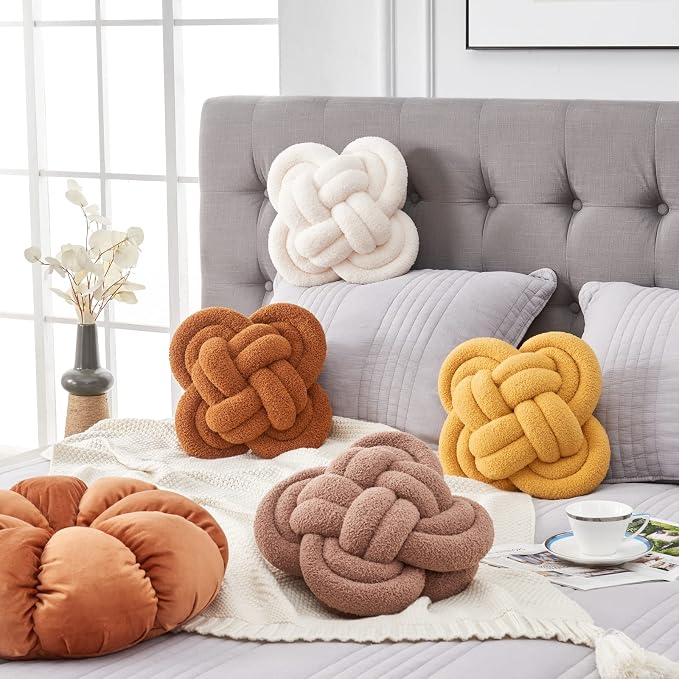 Xiashrk Knot Pillow Ball, Dark Khaki Knotted Plush Throw Pillow Handmade Square - Image 5