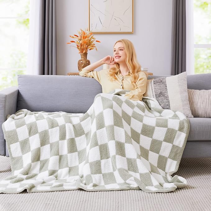 WRENSONGE Checkered Throw Blanket, Sage Green Soft Cozy Fluffy Warm Hand Made - Image 2