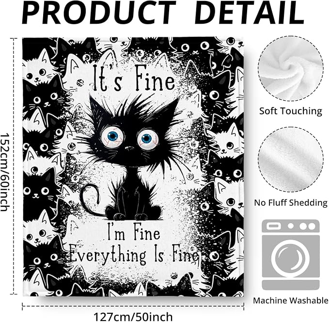 Funny Black Cat Blanket, It's Fine Everything is Fine Funny Throw Blankets - Image 3