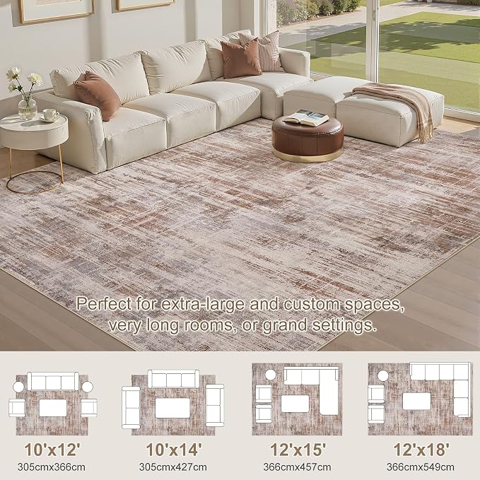 Area Rug for Living Room: 12x15 Washable Neutral Abstract Modern Soft Rugs Non - Image 5