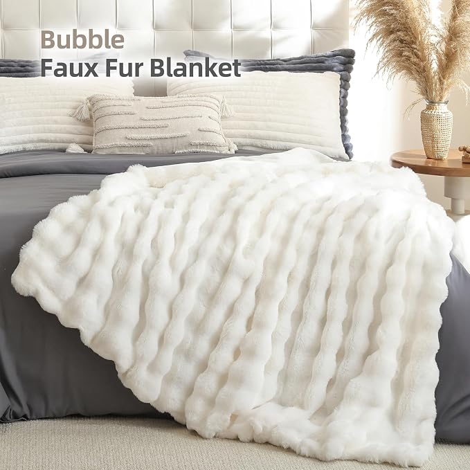 Smoofy Faux Fur Throw Blanket for Couch – Cream White Fluffy Cozy Rabbit Fleece - Image 2