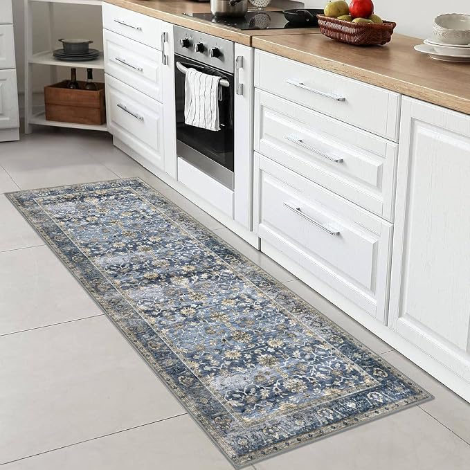 KUTA Vintage Washable Runner Rug, 2x6 Blue Grey Beige Runners - Image 2