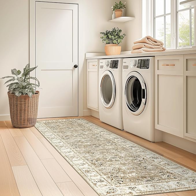 jinchan Fiora Runner Rug 2x6 Machine Washable Hallway Rug Taupe Vintage Floral - Image 3