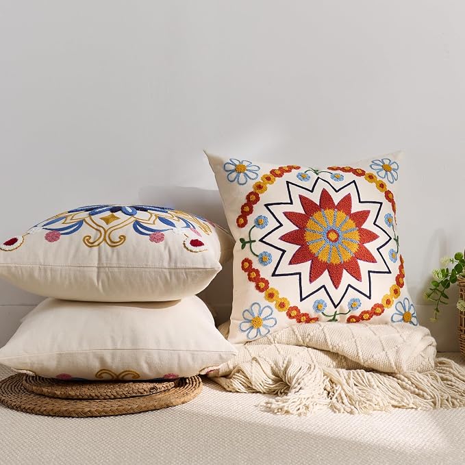 Embroidered Throw Pillow Cover 22x22 Classic Boho Floral Pattern Pillows Cover - Image 6