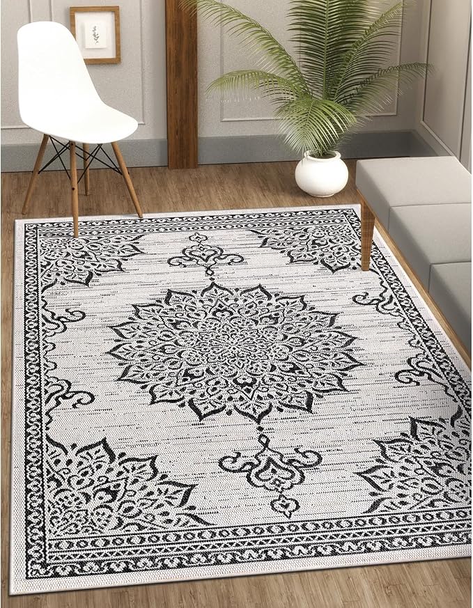 CAMILSON Outdoor Rug, 8x10 Medallion White Black Modern Area Rugs - Image 7