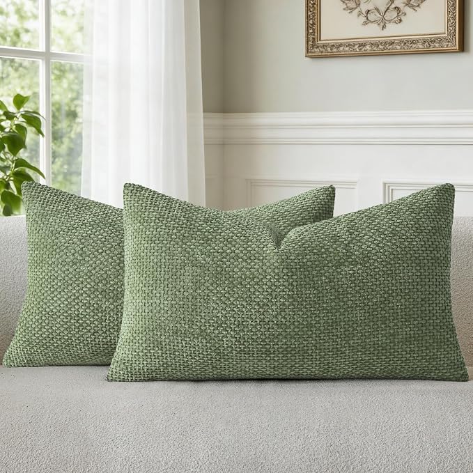 a moment Moss Green Chenille Throw Pillow Covers 12x20 Inch Pack of 2 Modern by amoment