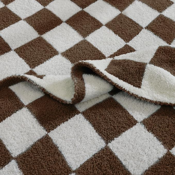 WRENSONGE Checkered Throw Blanket, Coffee Soft Cozy Fluffy Warm Hand Made Throw - Image 5
