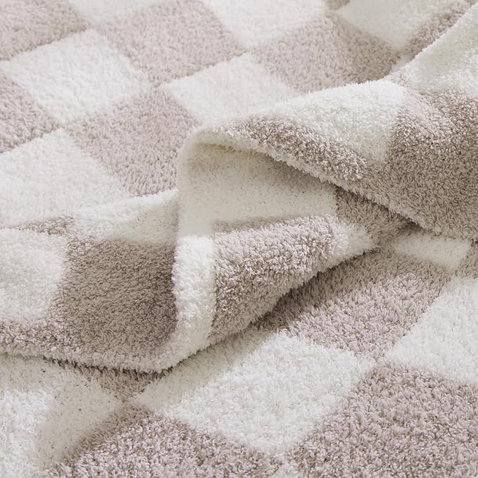 WRENSONGE Checkered Throw Blanket, Taupe Soft Cozy Fluffy Warm Hand Made Throw - Image 4