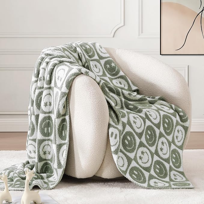 WRENSONGE Checkered Throw Blanket Seagrass Smiling Face Soft Cozy Fluffy Warm - Image 2