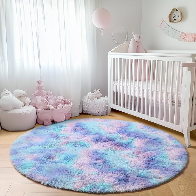 ONASAR Rainbow Round Area Rugs 6ft, Fluffy Soft Bedroom Circle Rug - Image 8