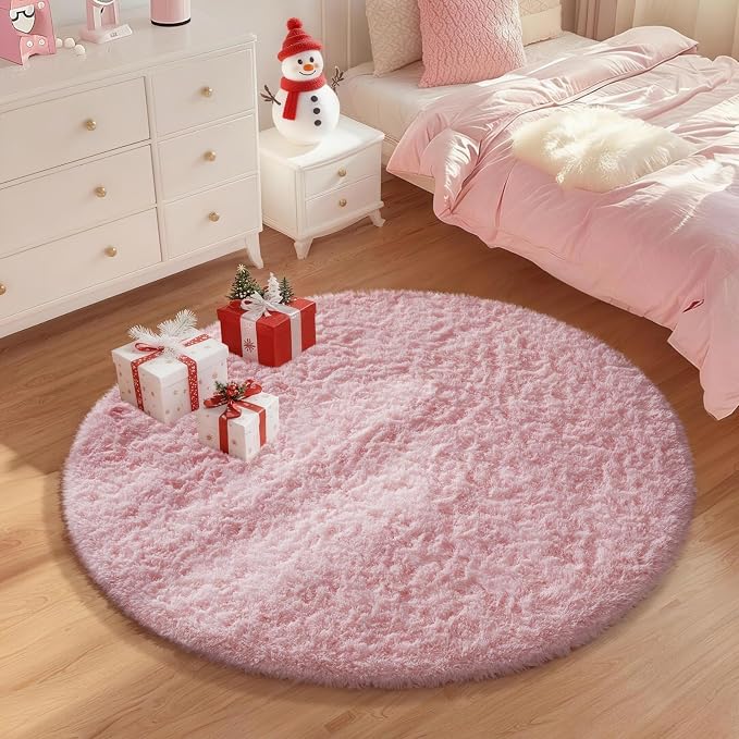 Ophanie Pink Round Rug for Bedroom Girls, Kids Fluffy Kawaii Fuzzy Shag Circle - Image 5