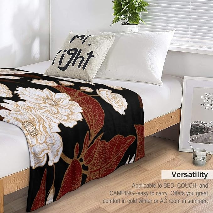 Red Gold Floral Blanket, Boho Dark Flower Leaves Chinese Plum Blossoms - Image 5