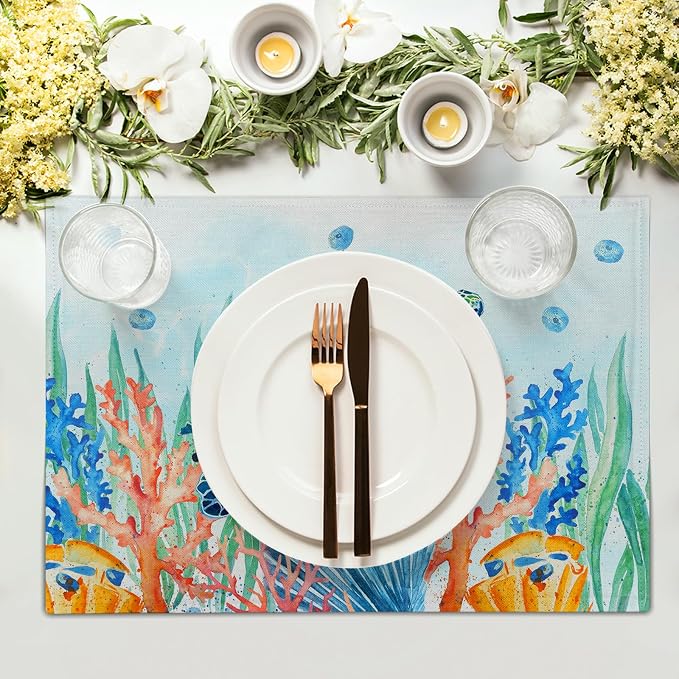 Giwawa Sea Turtle Placemats Set of 4, Watercolor Blue Tortoise Place Mat 12x18 - Image 3