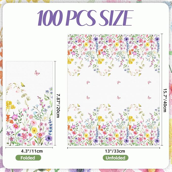 100 PCS Wildflower Paper Napkins, Disposable Flower Bathroom Guest Hand Towels - Image 2
