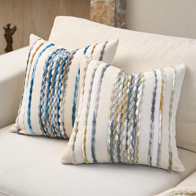 Aeckself Boho Pillow Covers 18x18 Inch Set of 2, Farmhouse Decorative Striped - Image 4