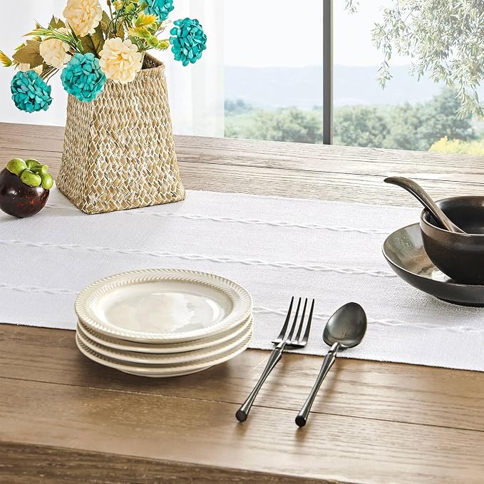 ZeeMart Farmhouse Braided Striped Table Runner, Rustic Ivory Table Runners 60 - Image 5