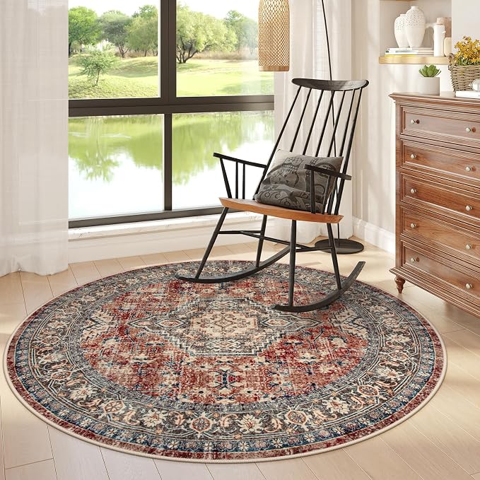 Lahome Oriental Washable Round Rugs, Non-Slip Round Rug 4ft Ultra-Thin - Image 4