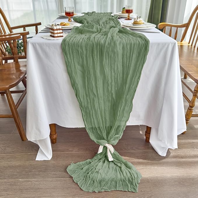 IVAPUPU 2 Pcs Cheesecloth Christmas Table Runner - 10ft Sage Green Boho Gauze - Image 3