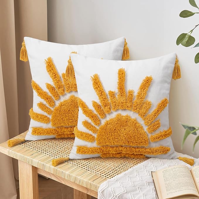 Adabana Boho Decorative Throw Pillow Covers 18x18 Tufted Yellow Sun Sunshine - Image 4