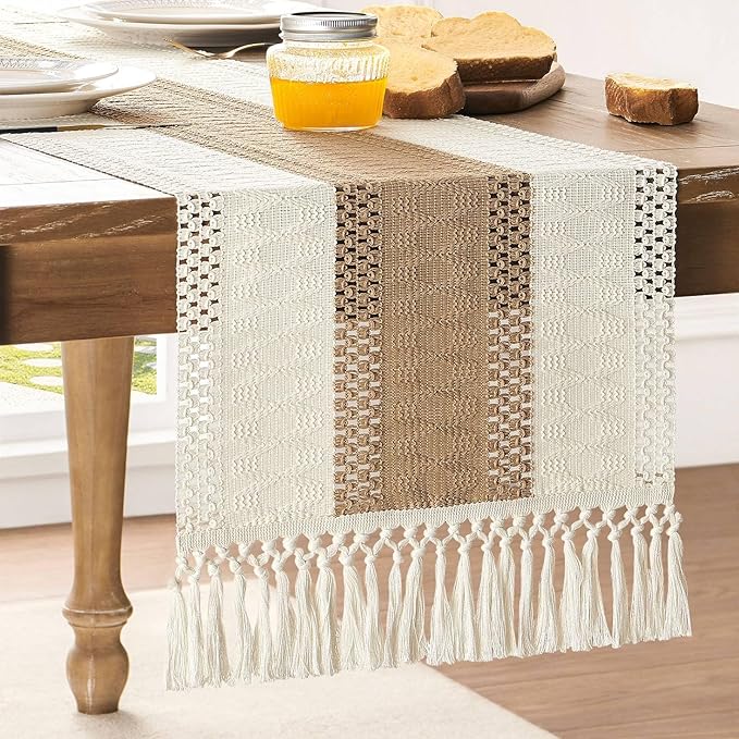 ZeeMart Macrame Style Bicolor Stitching Table Runner, 14 x 108 Inch Brown/Ivory by ZEEMARTONLINE