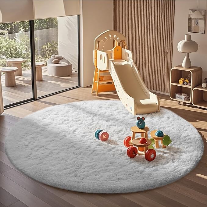 Ophanie Round Rug 6Ft White Circle Area Rug, Aesthetic Room Decor, Fluffy Fuzzy - Image 3