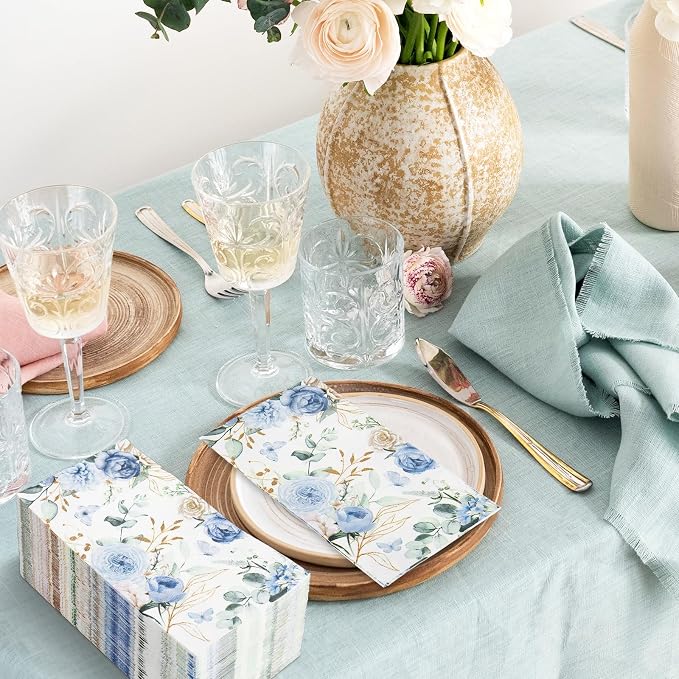 100Pcs Floral Guest Napkin Watercolor Blue Flower Butterfly Disposable Napkin - Image 4