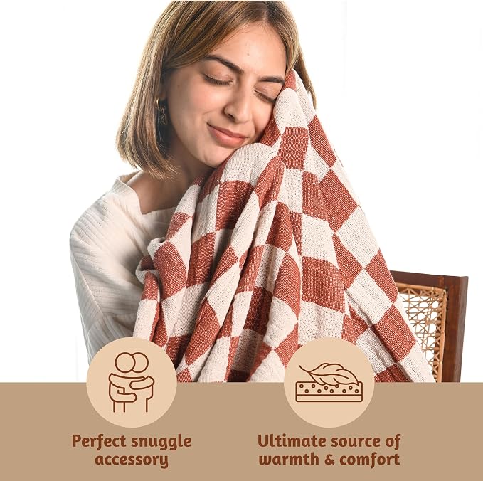 Folkulture 100% Cotton Throw Blanket, Rust Checks, Lightweight, All Seasons - Image 3