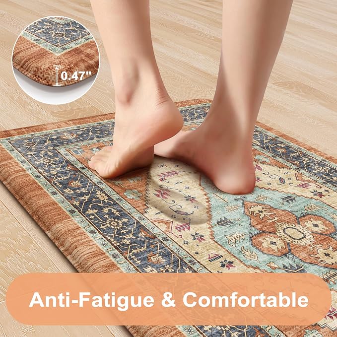 KIMODE Anti Fatigue Kitchen Mat 20"x47"+20"x32", Boho Distressed Kitchen Rugs - Image 3